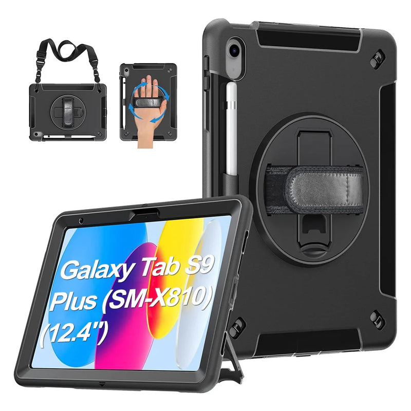 USP Rugged Samsung Galaxy Tab S10+/ Tab S9+ /Tab S9 FE+ (12.4') Case Black -  Built-in-Kickstand, Hand & Shoulder Straps, DropProof, 3 Years Warranty